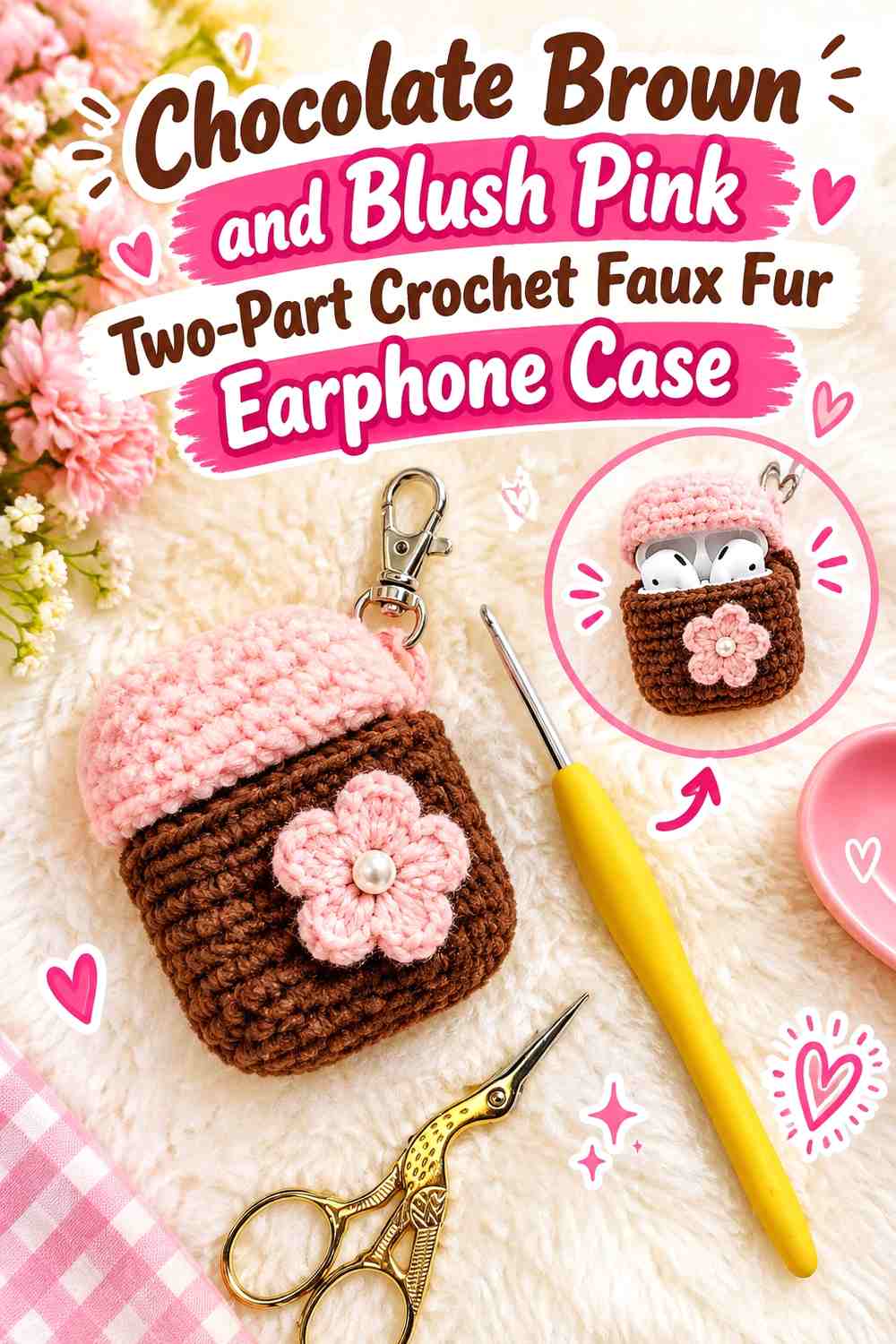 Chocolate Brown and Blush Pink Two-Part Crochet Faux Fur Earphone Case