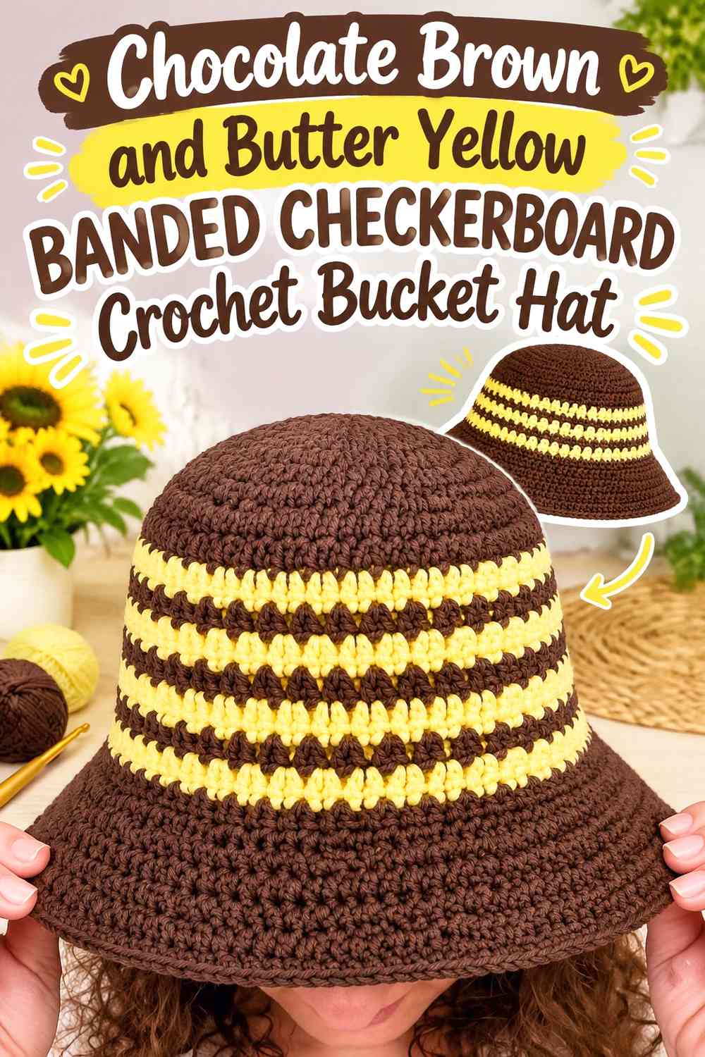 Chocolate Brown and Butter Yellow Banded Checkerboard Crochet Bucket Hat