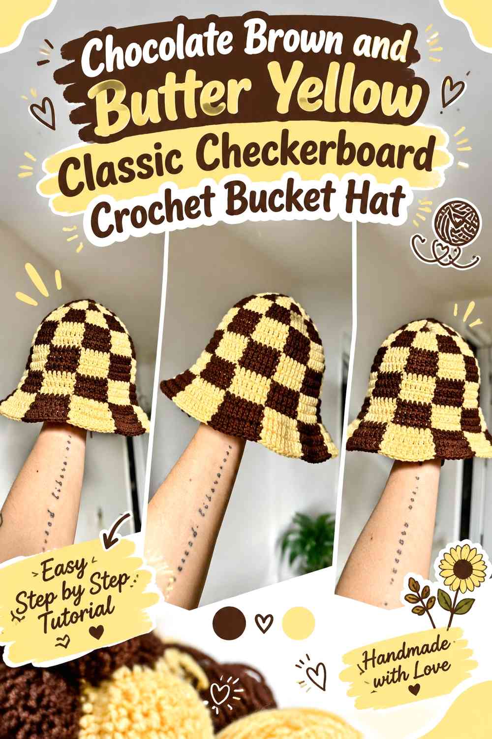 Chocolate Brown and Butter Yellow Classic Checkerboard Crochet Bucket Hat