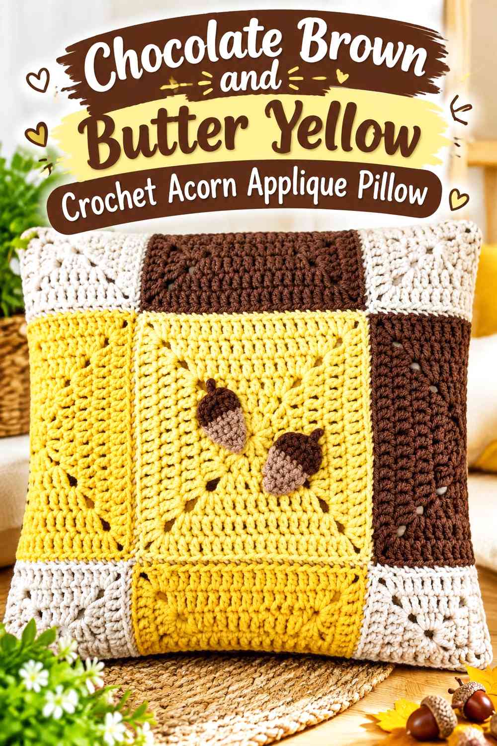 Chocolate Brown and Butter Yellow Crochet Acorn Applique Pillow