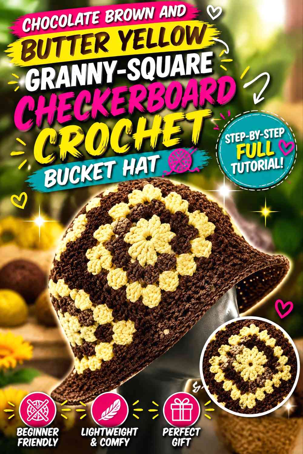 Chocolate Brown and Butter Yellow Granny-Square Checkerboard Crochet Bucket Hat