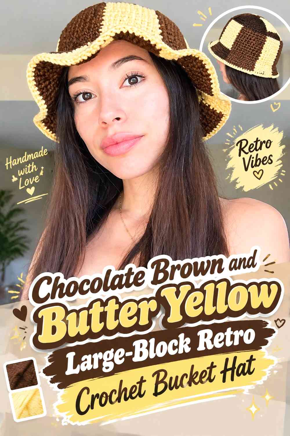Chocolate Brown and Butter Yellow Large-Block Retro Crochet Bucket Hat