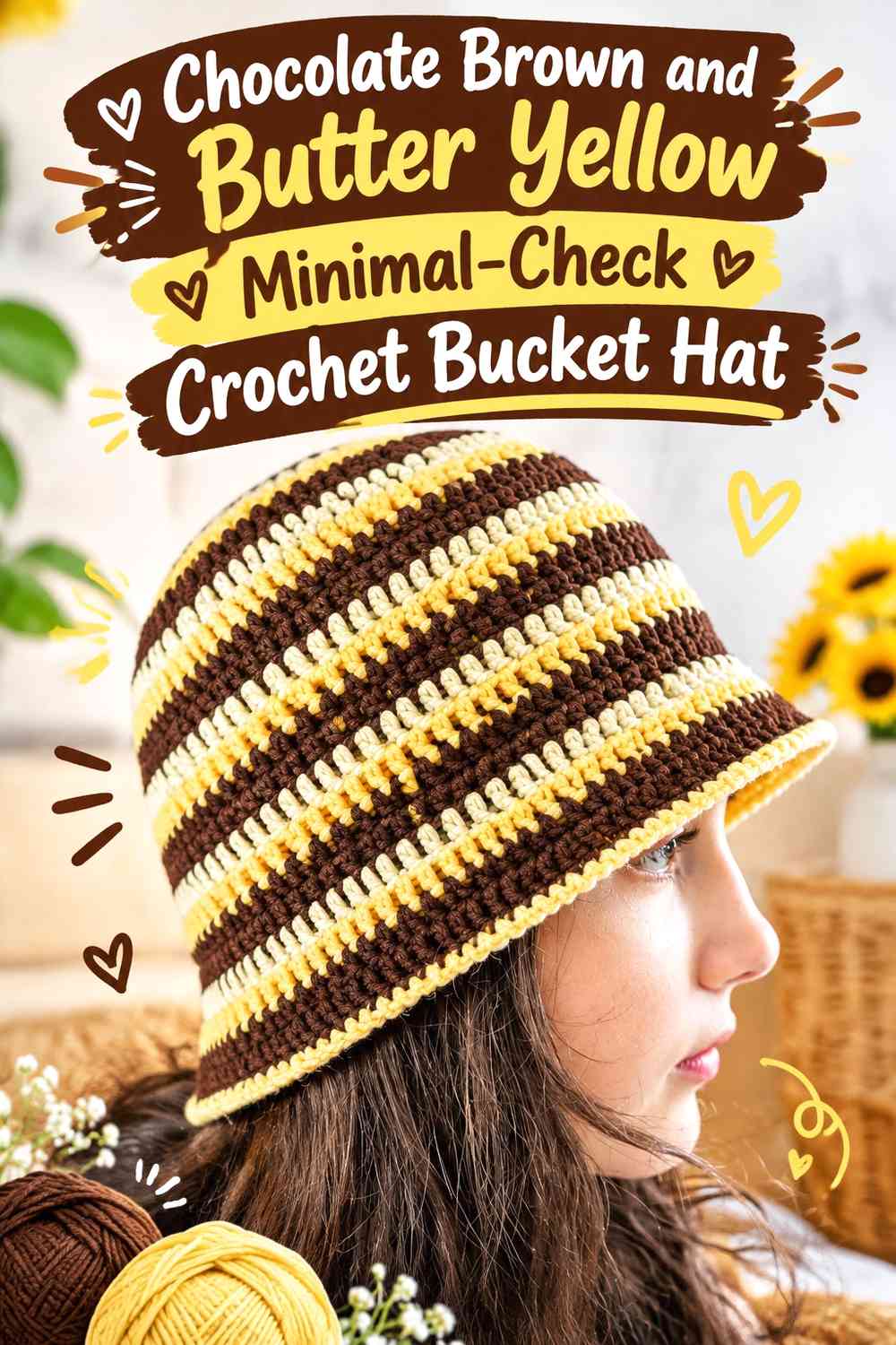 Chocolate Brown and Butter Yellow Minimal-Check Crochet Bucket Hat