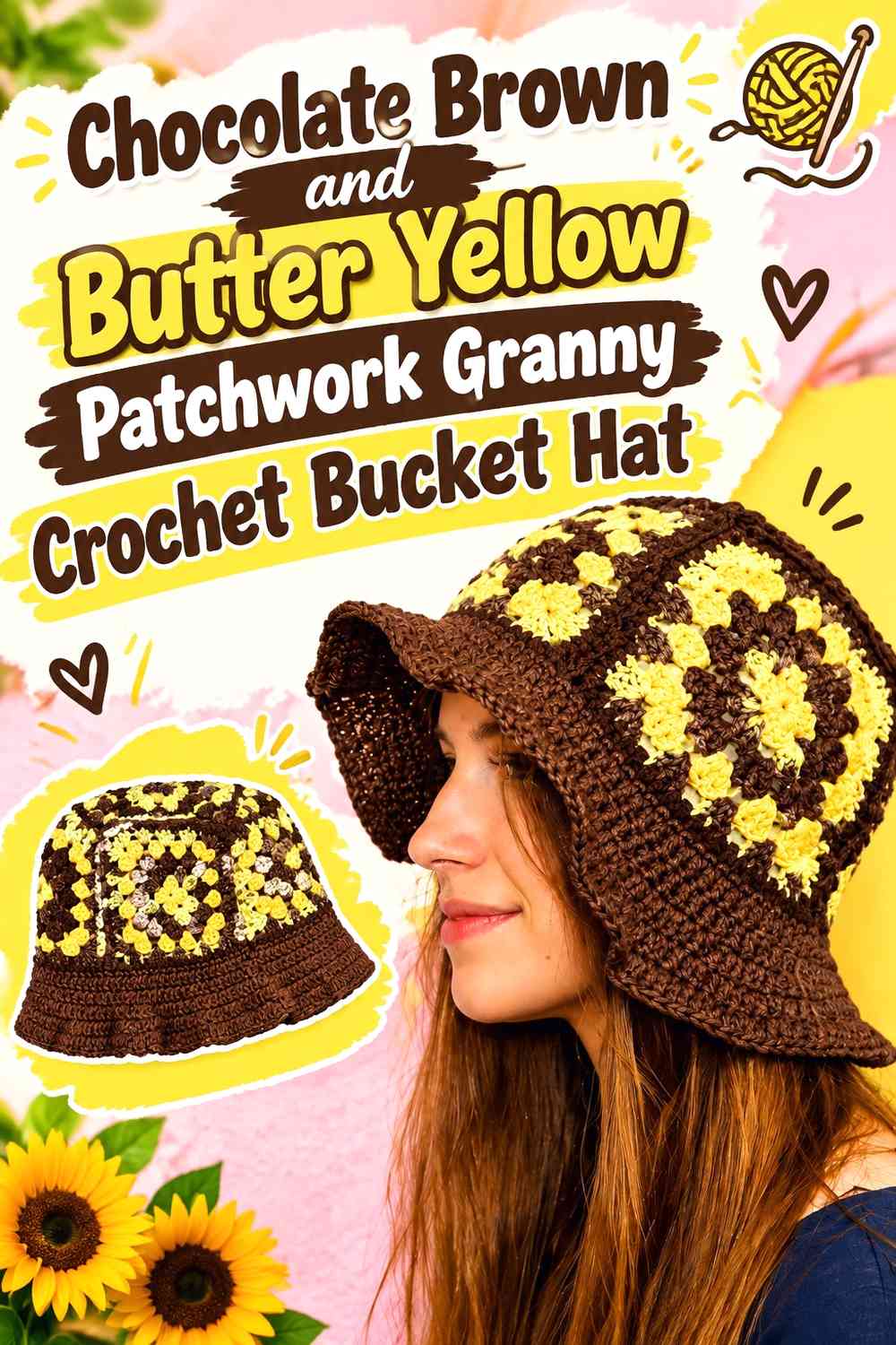 Chocolate Brown and Butter Yellow Patchwork Granny Crochet Bucket Hat