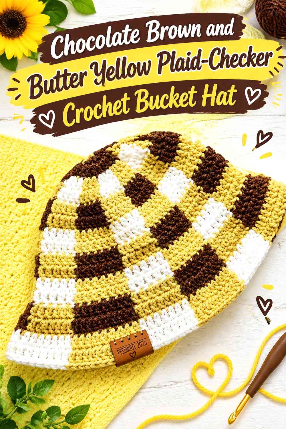 Chocolate Brown and Butter Yellow Plaid-Checker Crochet Bucket Hat