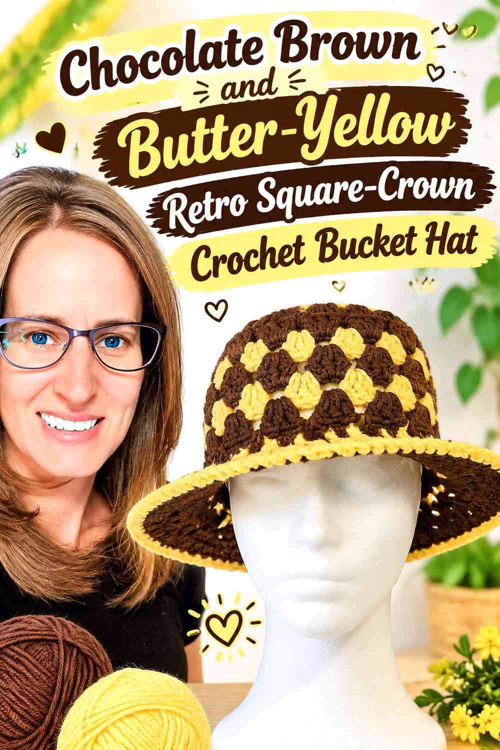 Chocolate Brown and Butter Yellow Retro Square-Crown Crochet Bucket Hat