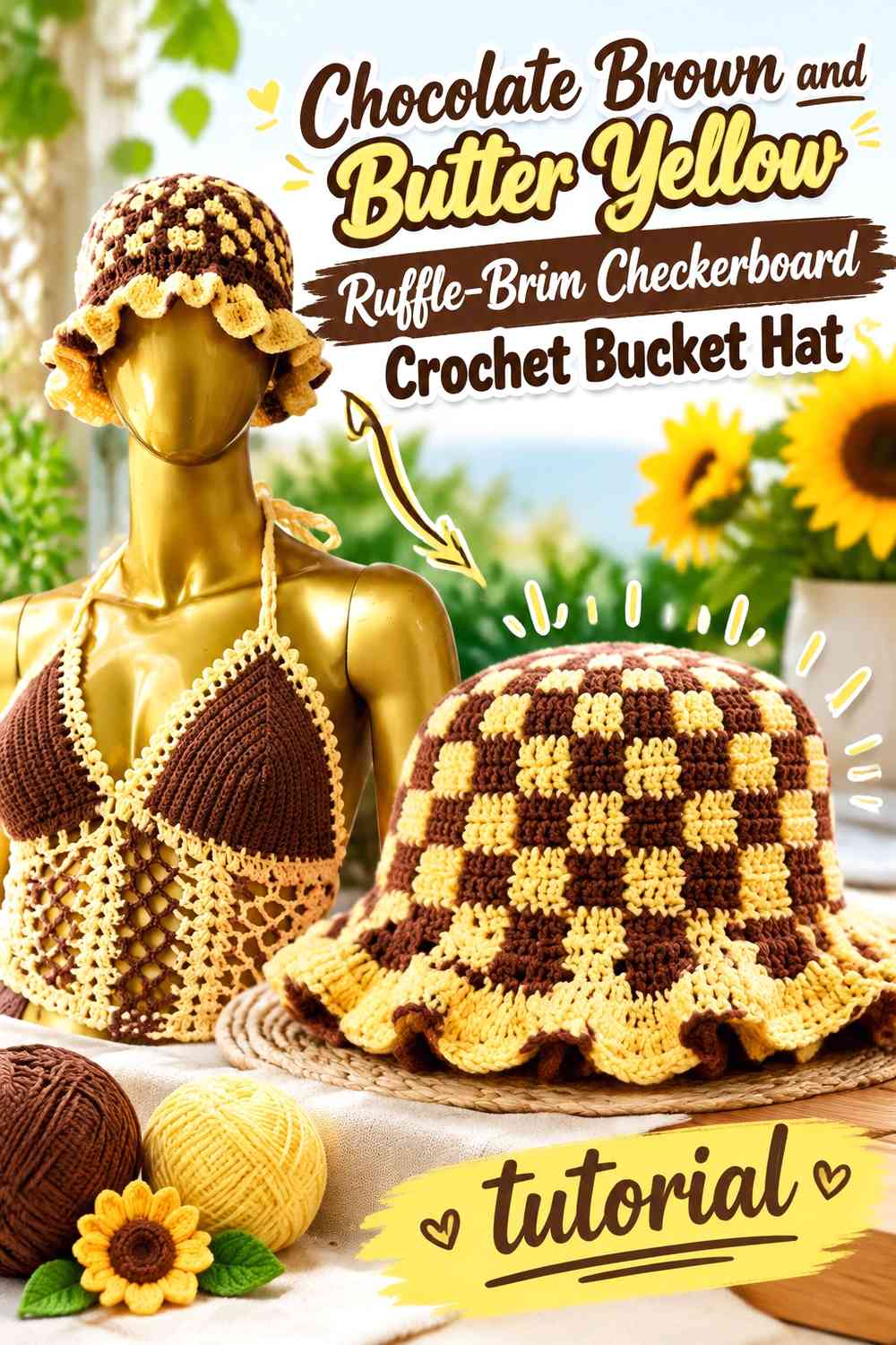 Chocolate Brown and Butter Yellow Ruffle-Brim Checkerboard Crochet Bucket Hat