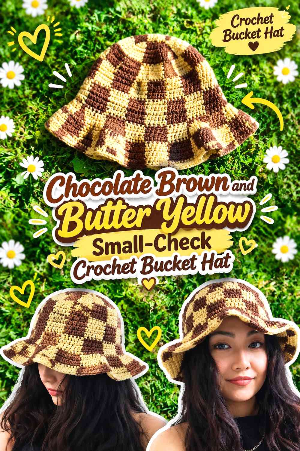 Chocolate Brown and Butter Yellow Small-Check Crochet Bucket Hat