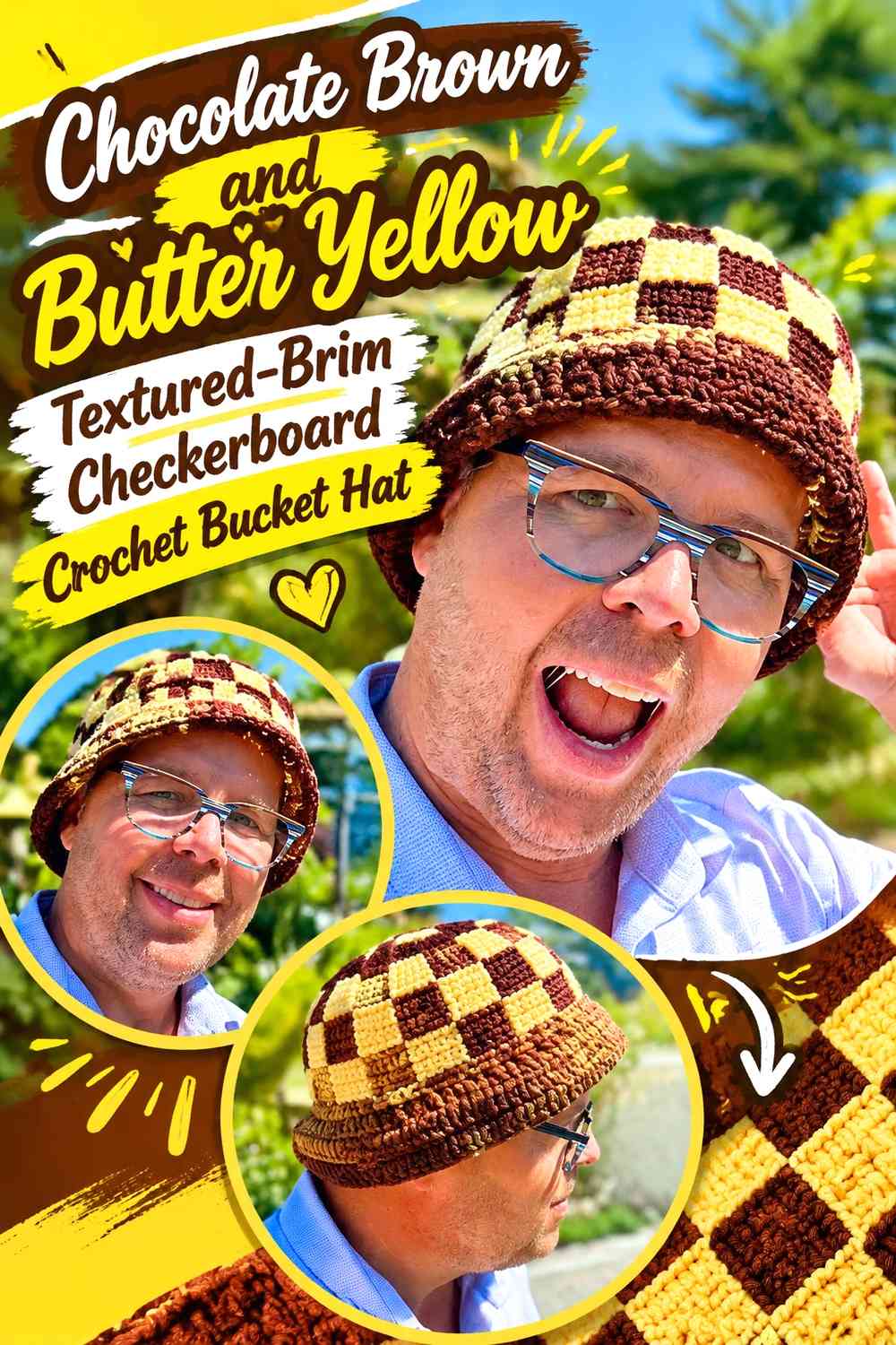 Chocolate Brown and Butter Yellow Textured-Brim Checkerboard Crochet Bucket Hat