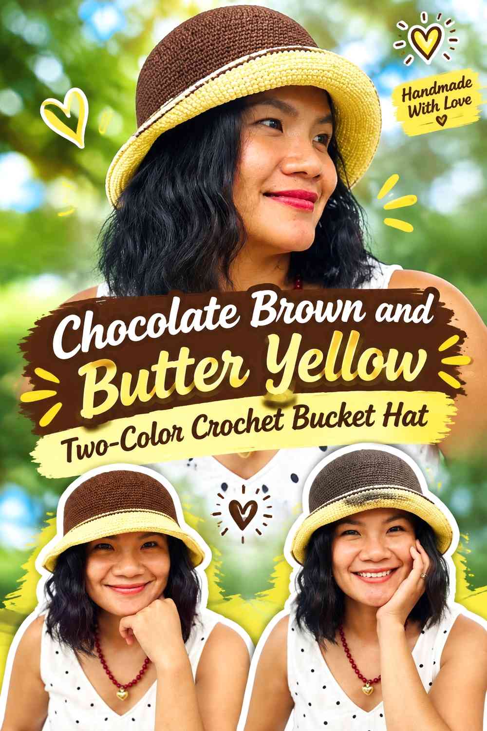 Chocolate Brown and Butter Yellow Two-Color Crochet Bucket Hat