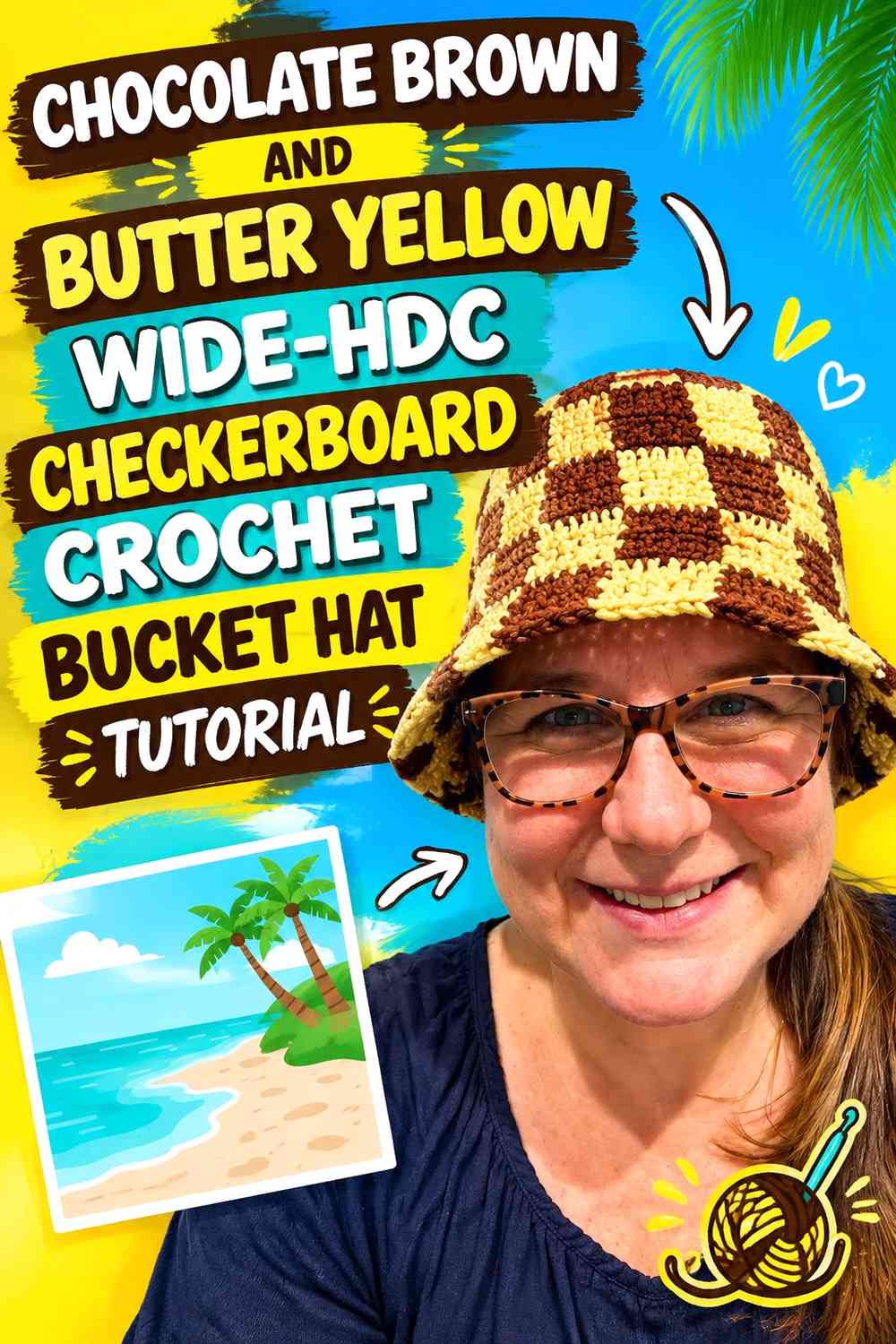 Chocolate Brown and Butter Yellow Wide-HDC Checkerboard Crochet Bucket Hat