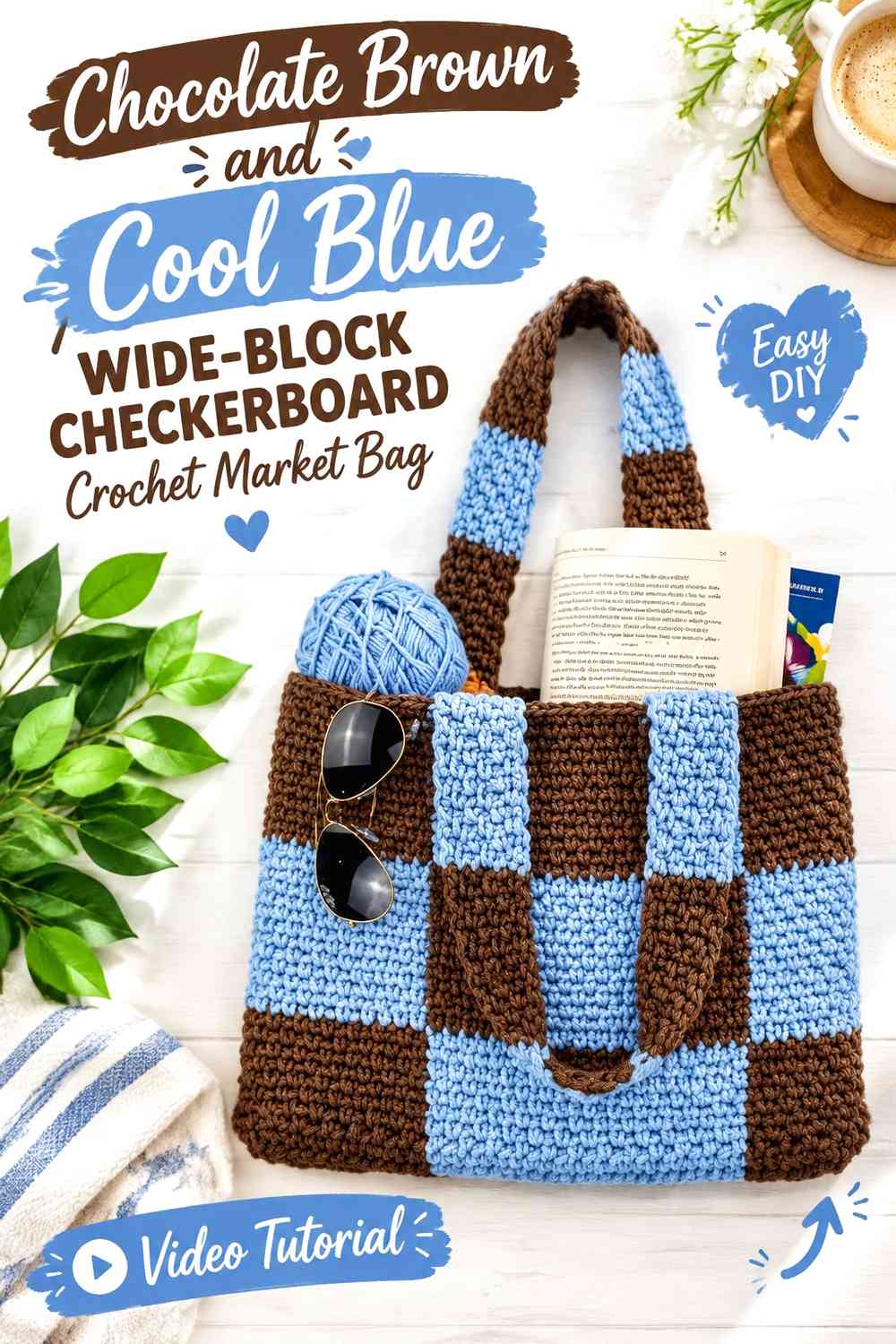 Chocolate Brown and Cool Blue Wide-Block Checkerboard Crochet Market Bag