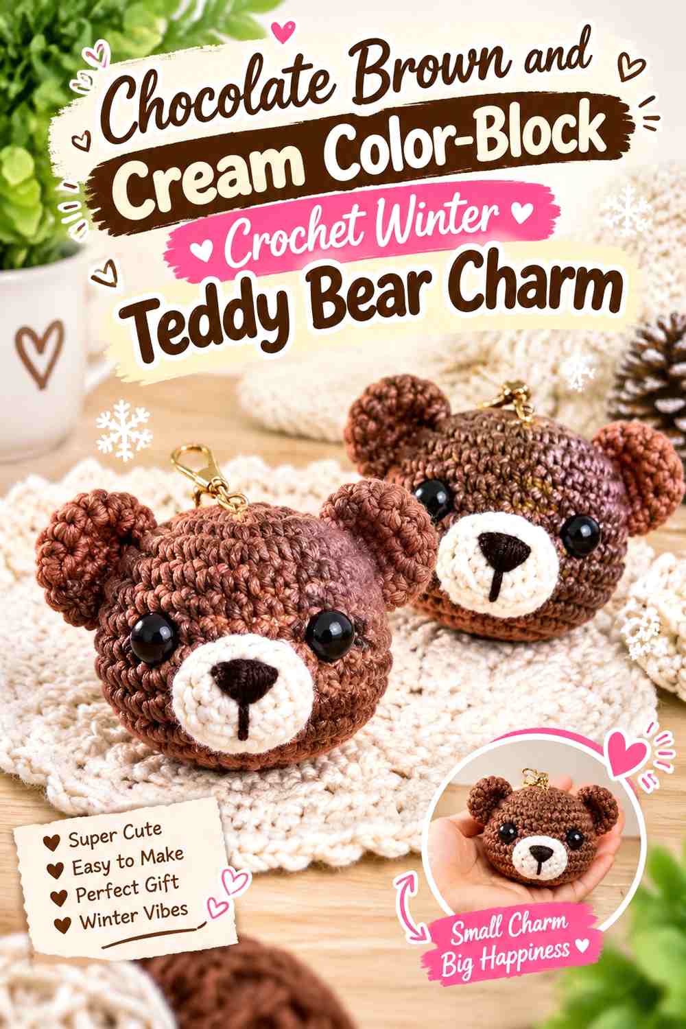 Chocolate Brown and Cream Color-Block Crochet Winter Teddy Bear Charm
