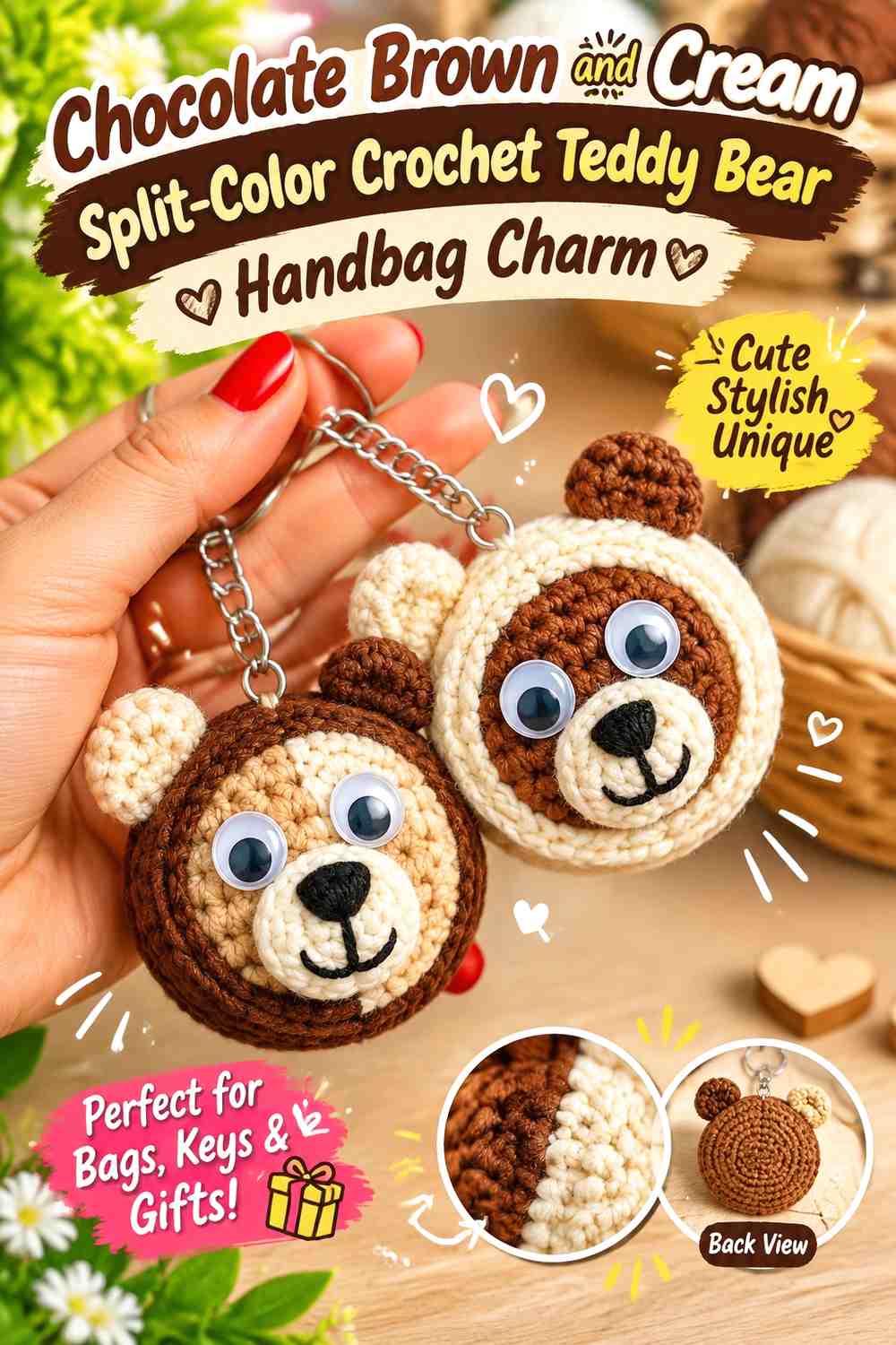 Chocolate Brown and Cream Split-Color Crochet Teddy Bear Handbag Charm