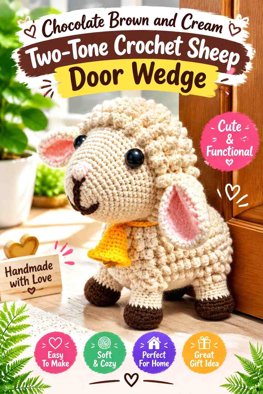 Chocolate Brown and Cream Two-Tone Crochet Sheep Door Wedge
