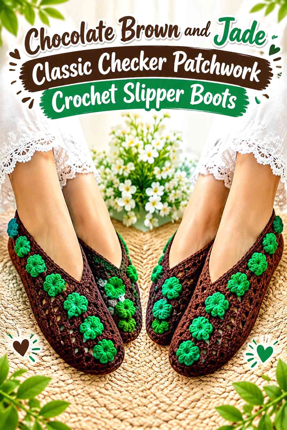 Chocolate Brown and Jade Classic Checker Patchwork Crochet Slipper Boots
