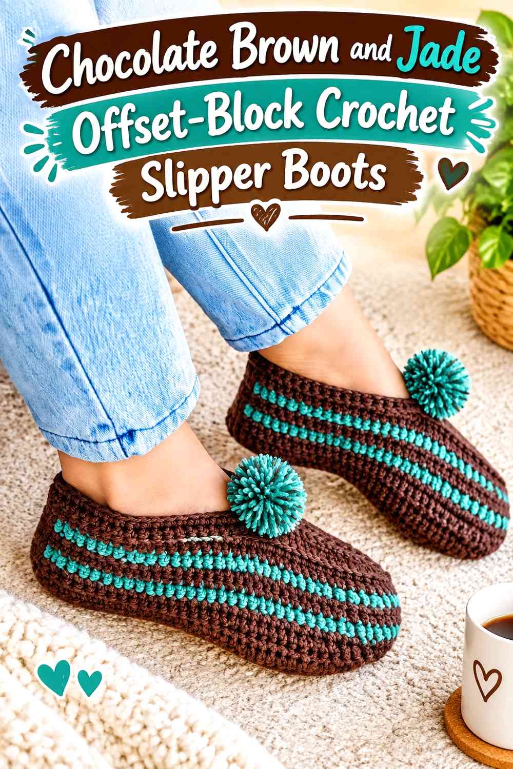 Chocolate Brown and Jade Offset-Block Crochet Slipper Boots