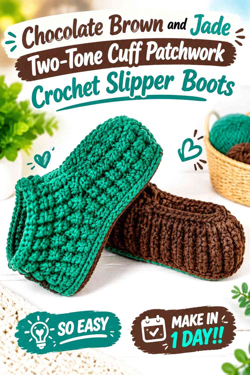 Chocolate Brown and Jade Two-Tone Cuff Patchwork Crochet Slipper Boots