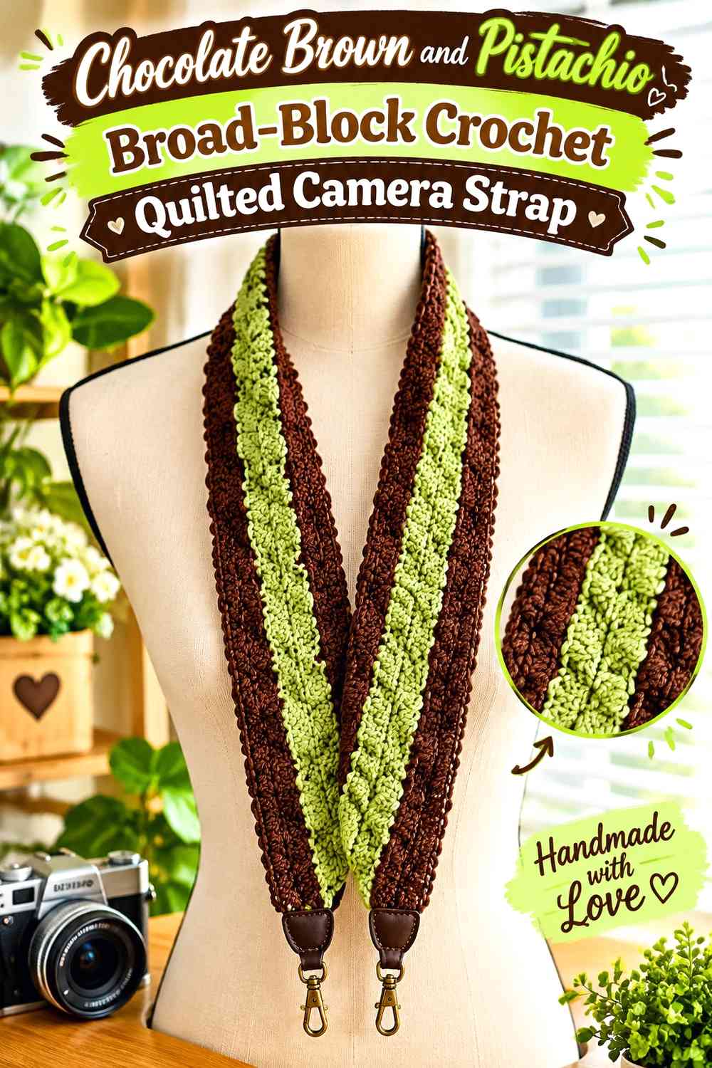 Chocolate Brown and Pistachio Broad-Block Crochet Quilted Camera Strap