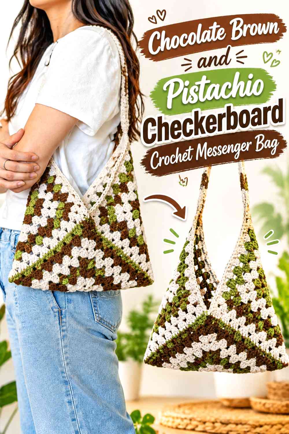 Chocolate Brown and Pistachio Checkerboard Crochet Messenger Bag