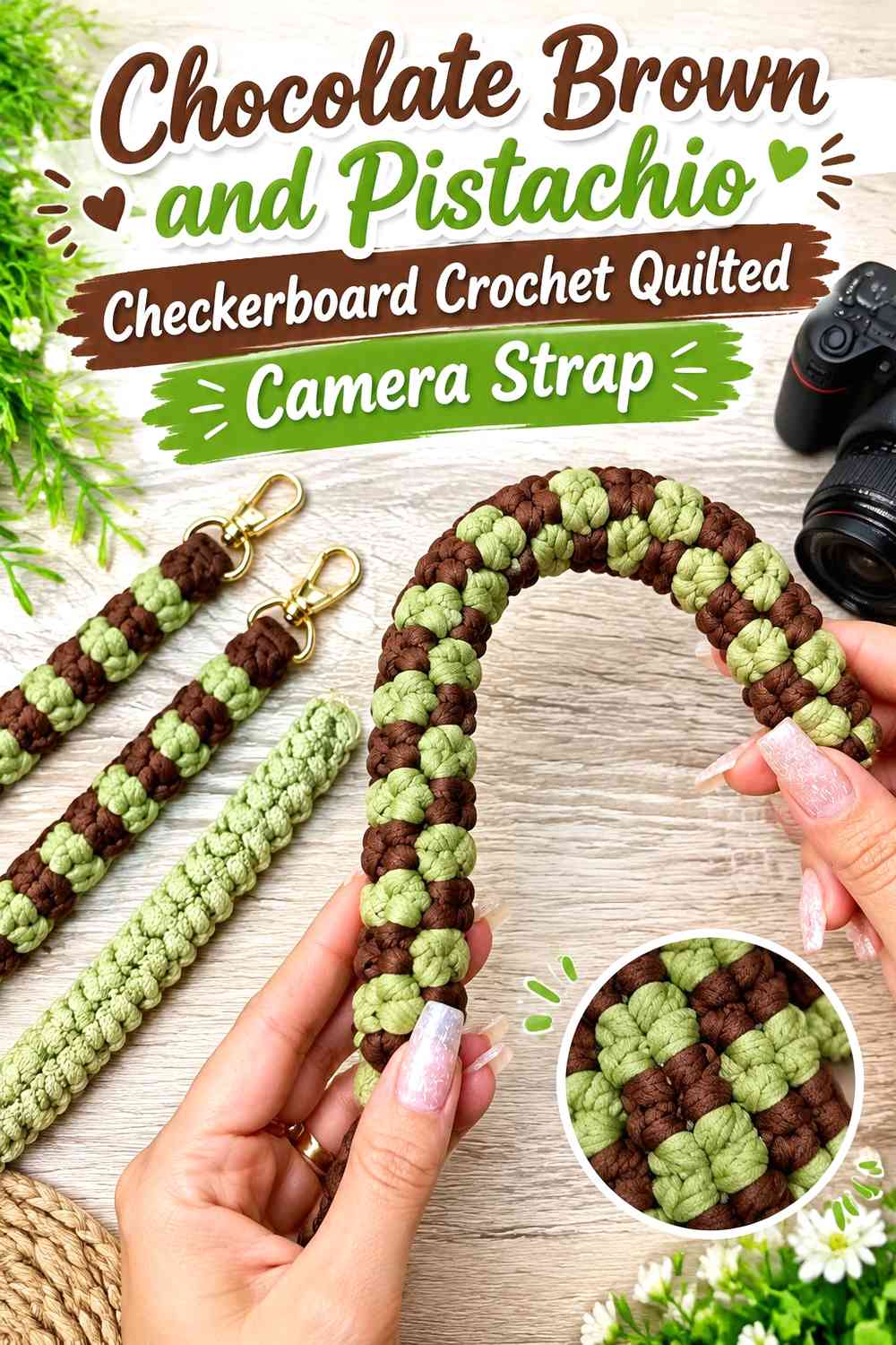 Chocolate Brown and Pistachio Checkerboard Crochet Quilted Camera Strap