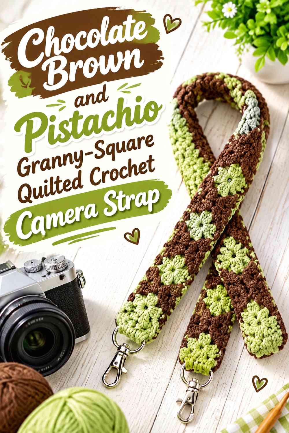 Chocolate Brown and Pistachio Granny-Square Quilted Crochet Camera Strap