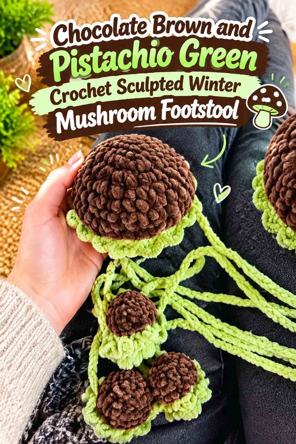Chocolate Brown and Pistachio Green Crochet Sculpted Winter Mushroom Footstool