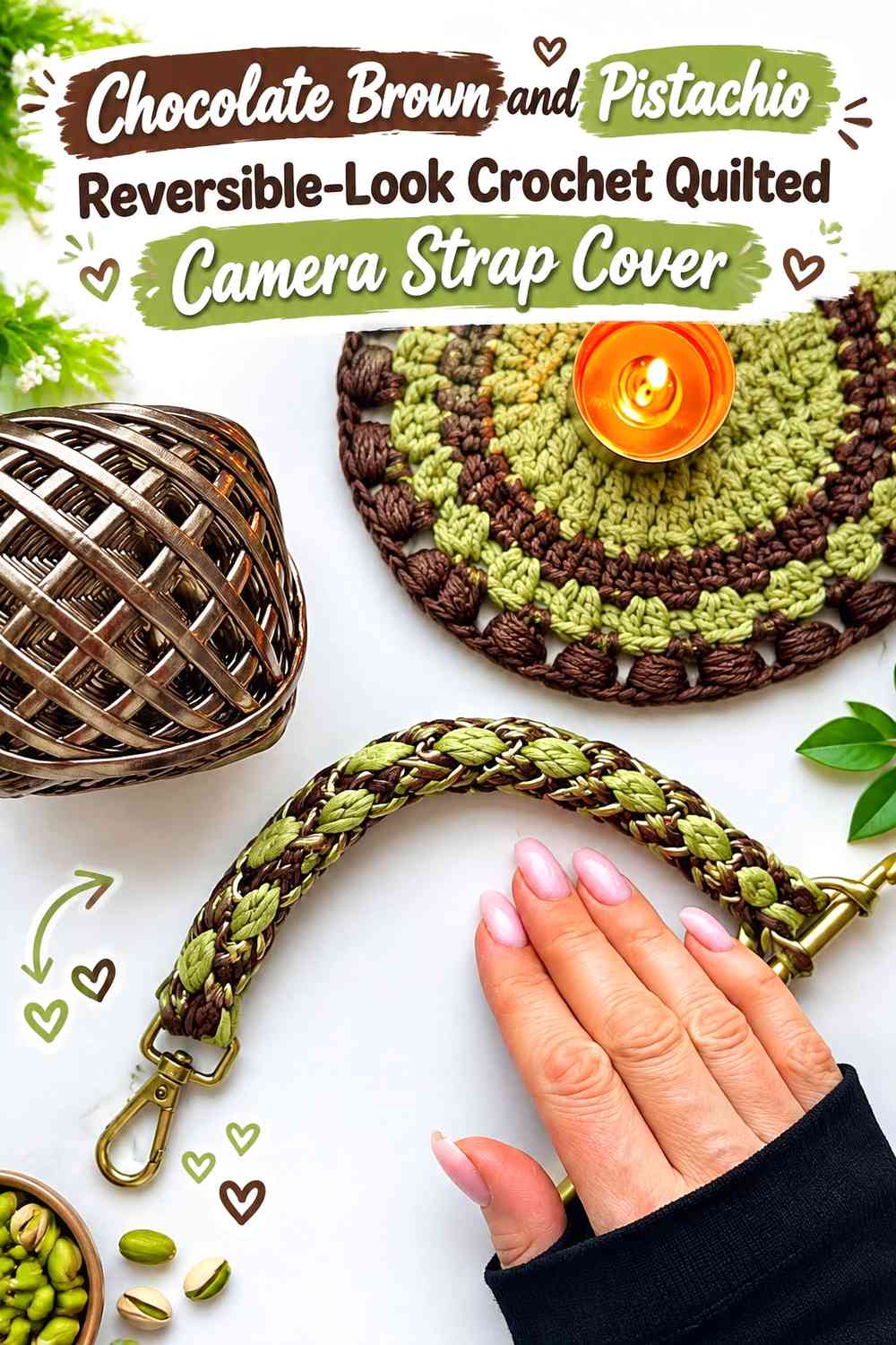 Chocolate Brown and Pistachio Reversible-Look Crochet Quilted Camera Strap Cover