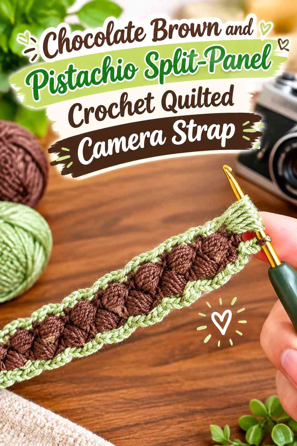 Chocolate Brown and Pistachio Split-Panel Crochet Quilted Camera Strap