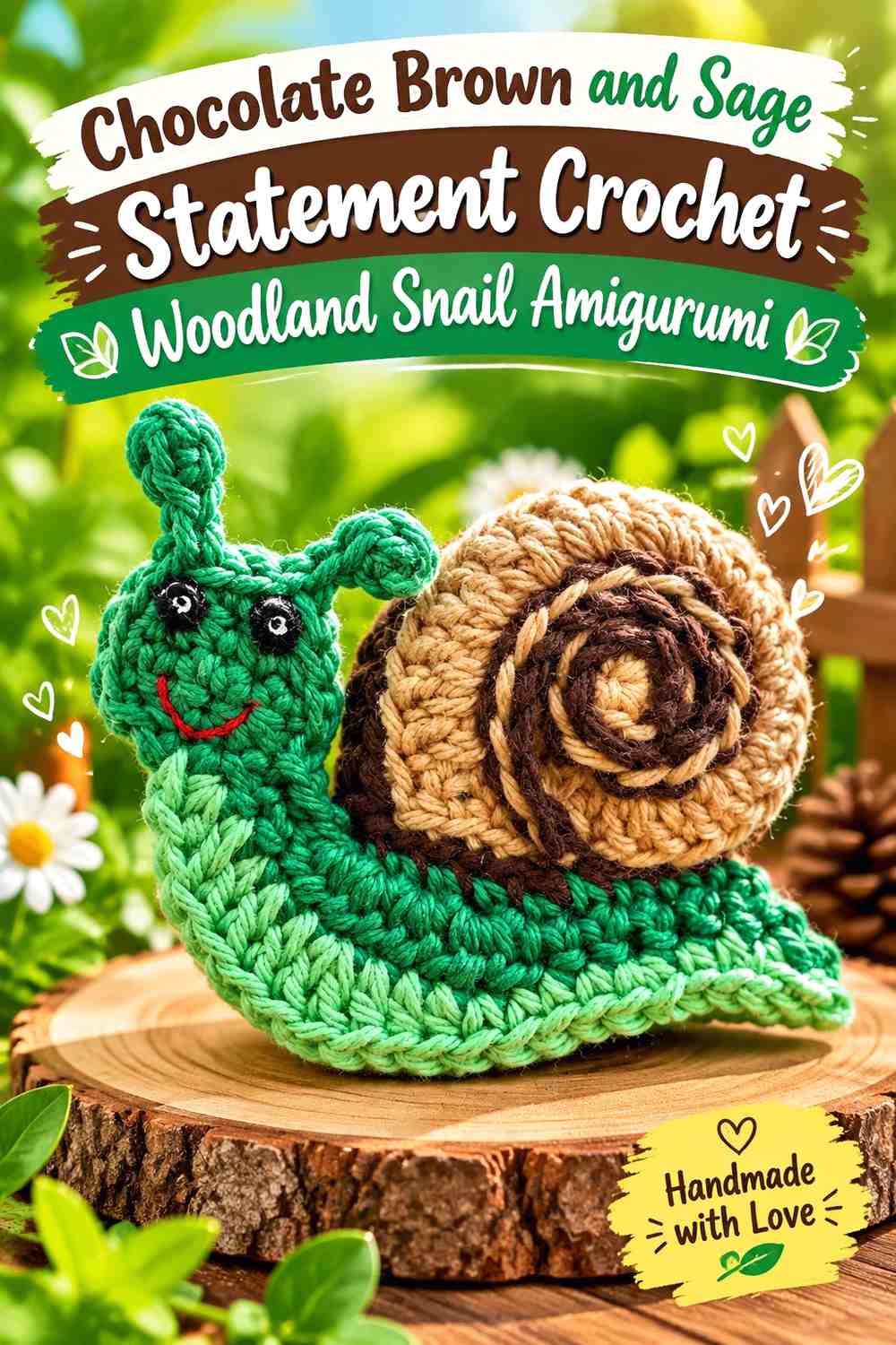 Chocolate Brown and Sage Statement Crochet Woodland Snail Amigurumi