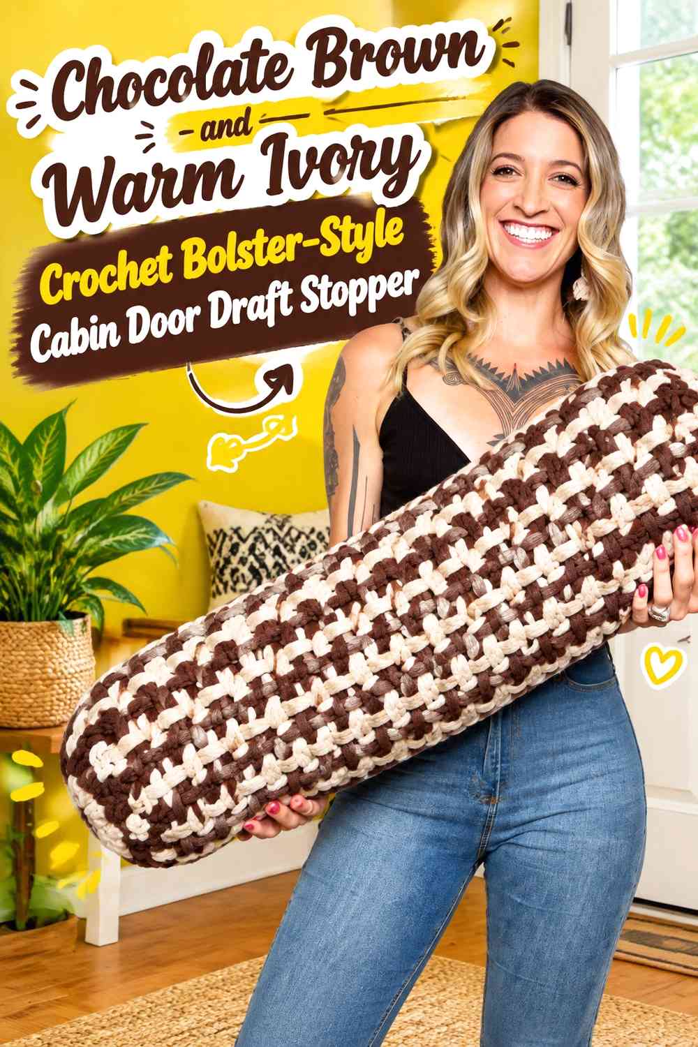 Chocolate Brown and Warm Ivory Crochet Bolster-Style Cabin Door Draft Stopper