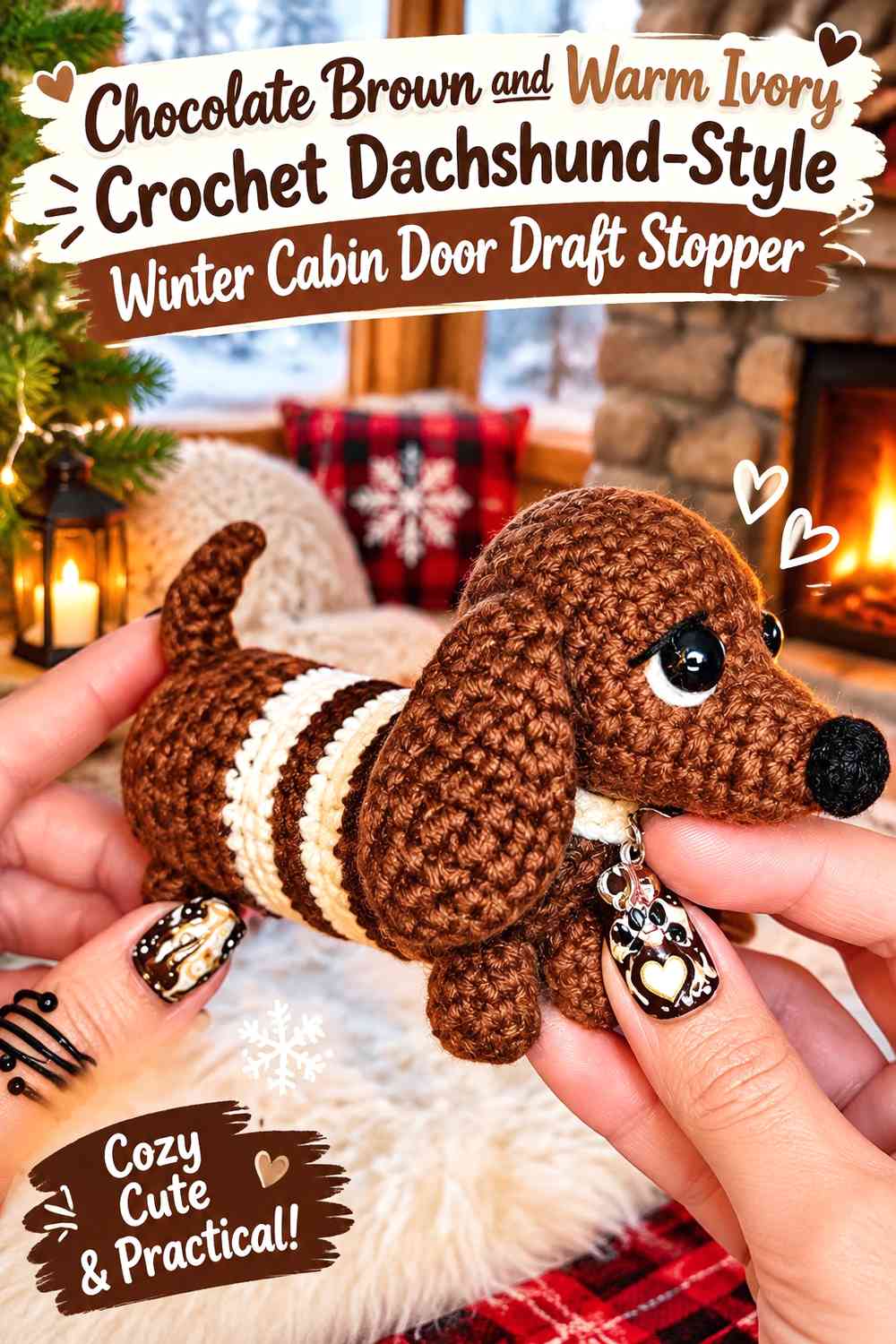 Chocolate Brown and Warm Ivory Crochet Dachshund-Style Winter Cabin Door Draft Stopper
