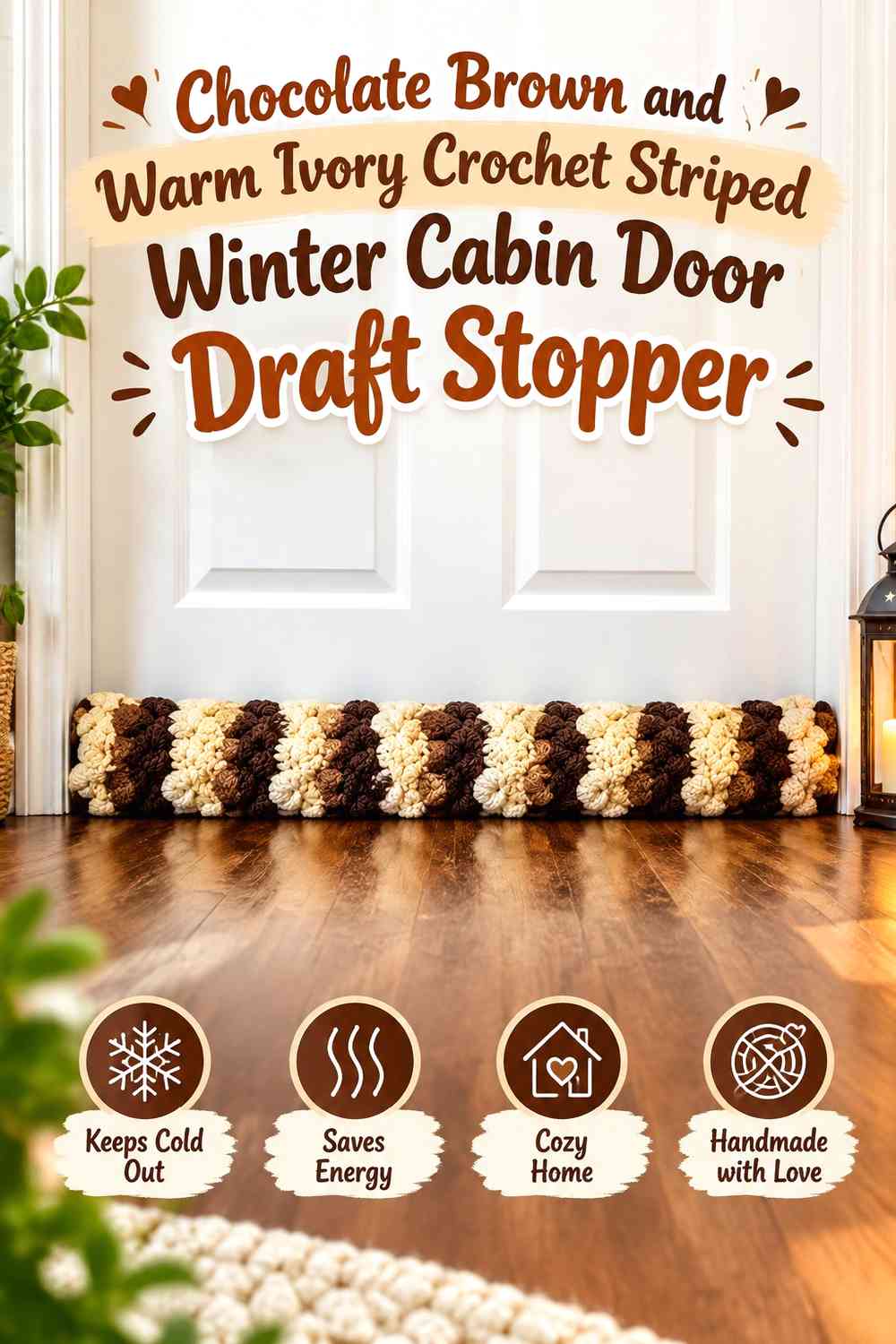 Chocolate Brown and Warm Ivory Crochet Striped Winter Cabin Door Draft Stopper