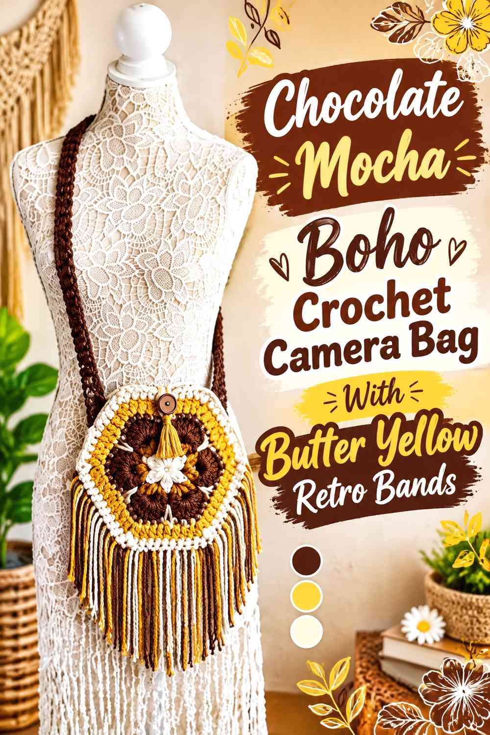 Chocolate Mocha Boho Crochet Camera Bag With Butter Yellow Retro Bands
