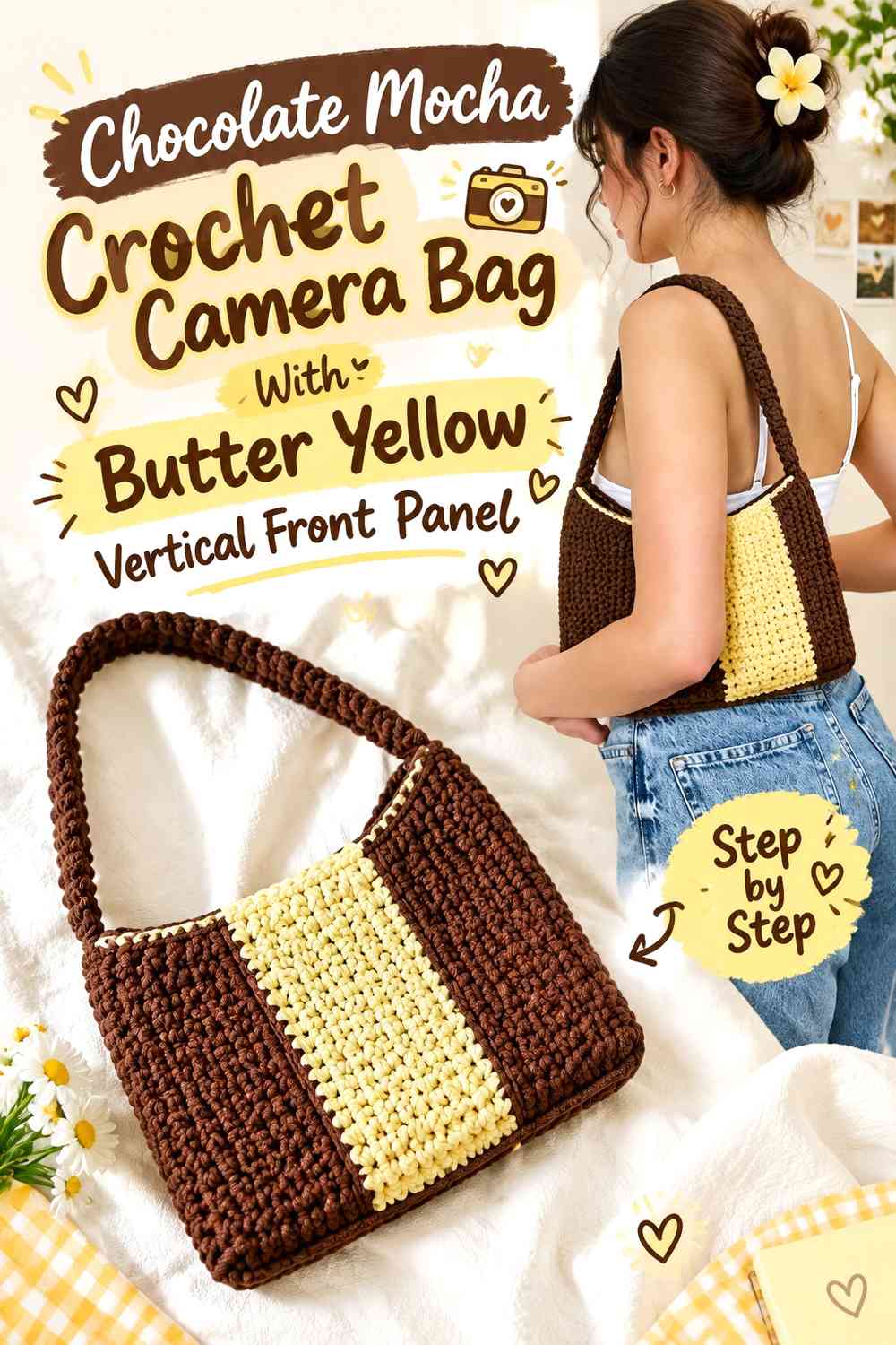 Chocolate Mocha Crochet Camera Bag With Butter Yellow Vertical Front Panel