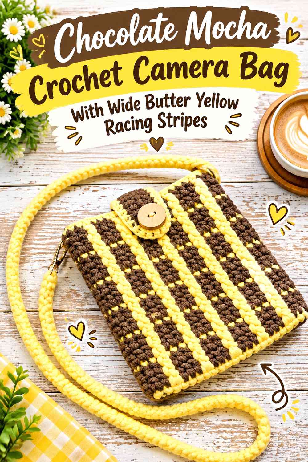 Chocolate Mocha Crochet Camera Bag With Wide Butter Yellow Racing Stripes
