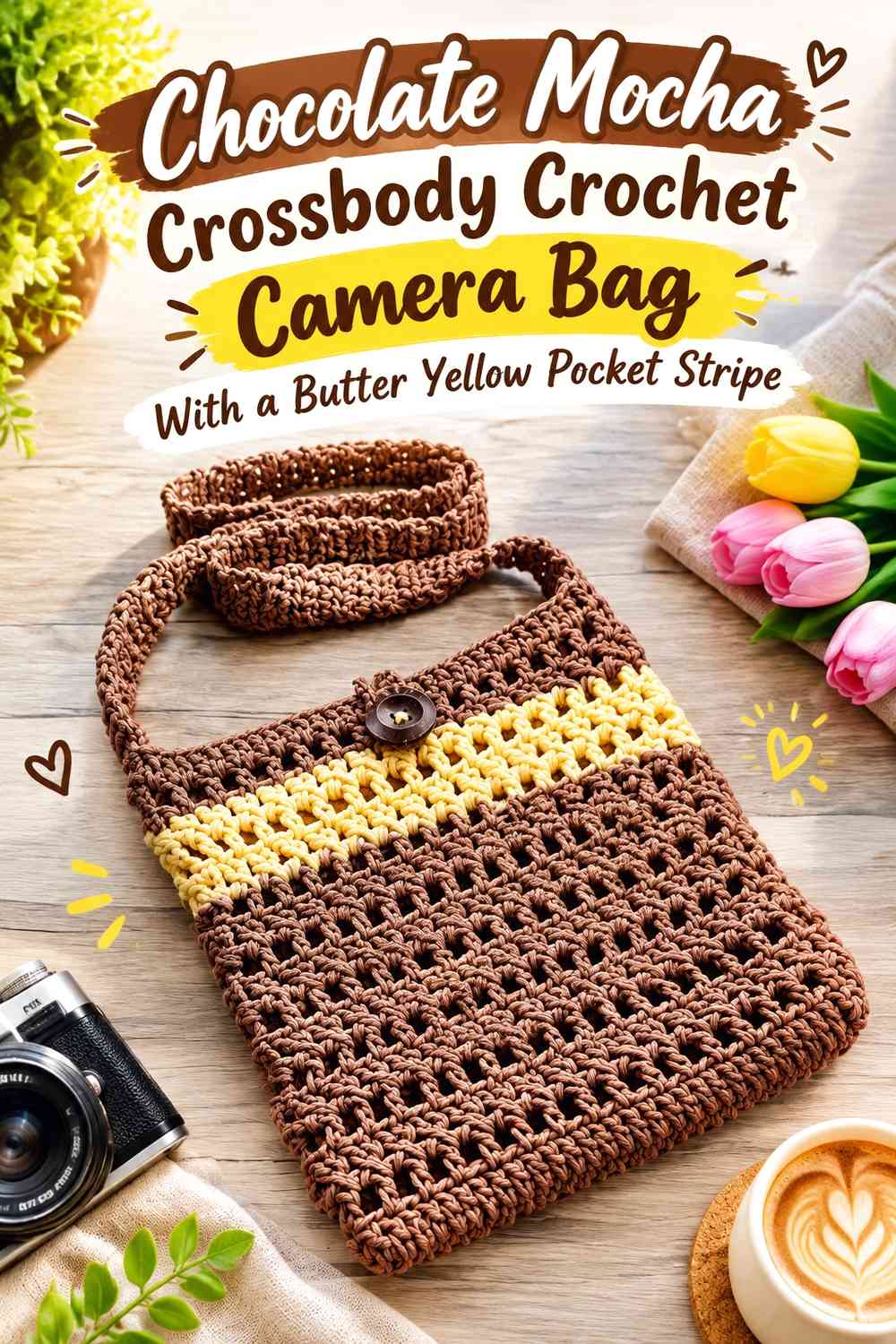 Chocolate Mocha Crossbody Crochet Camera Bag With a Butter Yellow Pocket Stripe