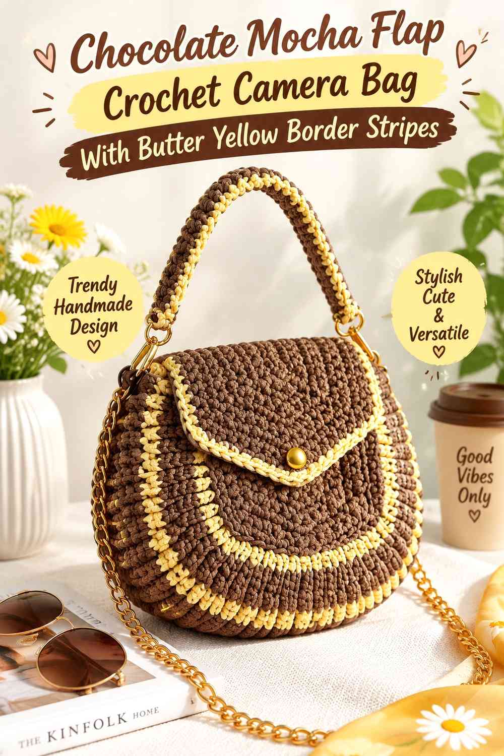 Chocolate Mocha Flap Crochet Camera Bag With Butter Yellow Border Stripes