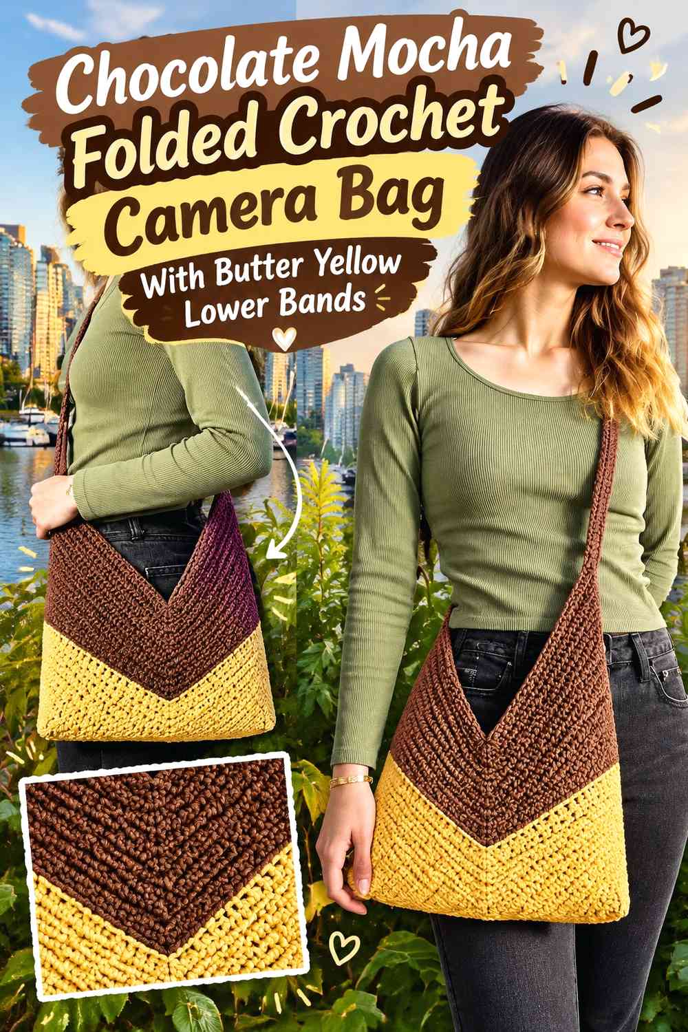 Chocolate Mocha Folded Crochet Camera Bag With Butter Yellow Lower Bands