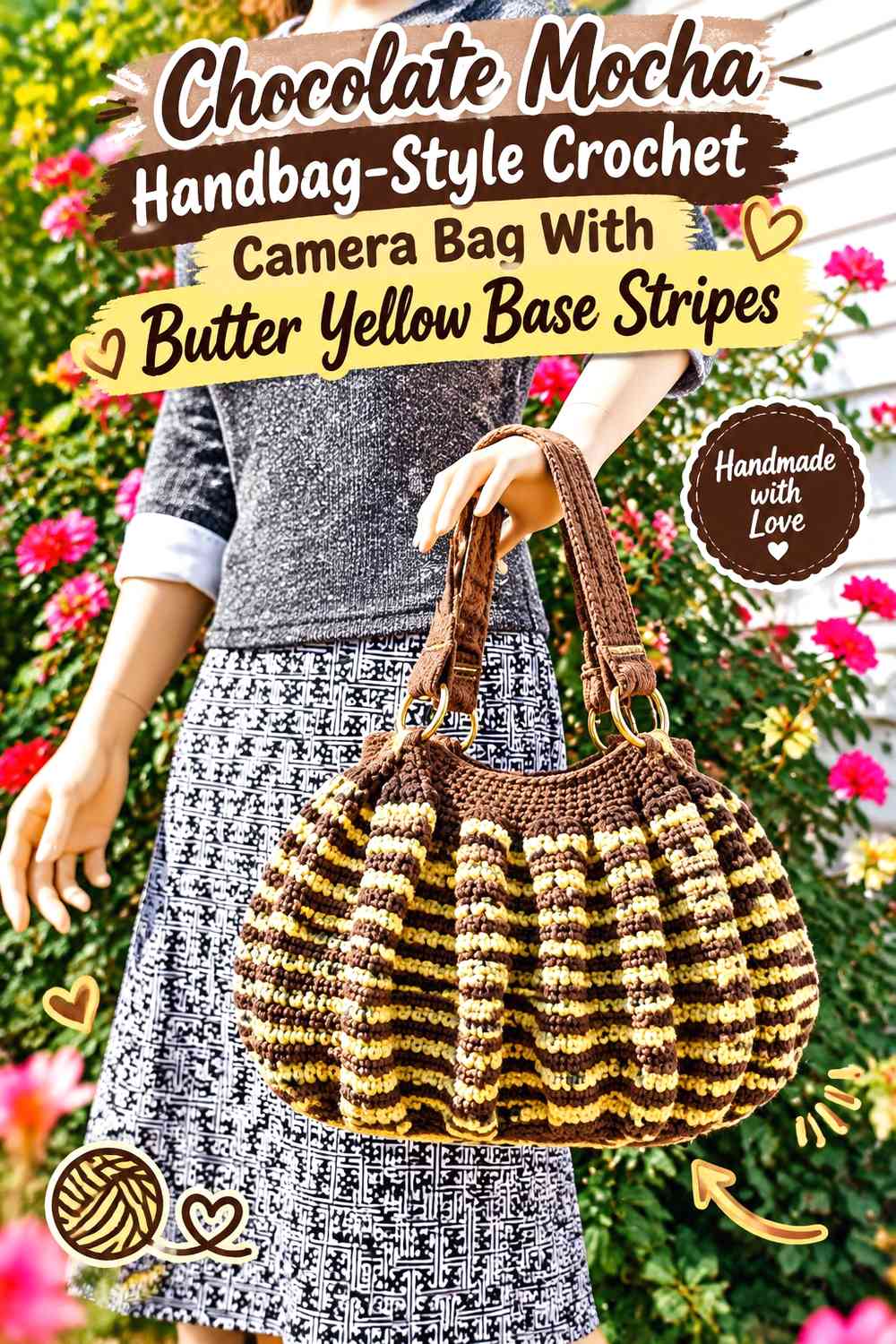 Chocolate Mocha Handbag-Style Crochet Camera Bag With Butter Yellow Base Stripes