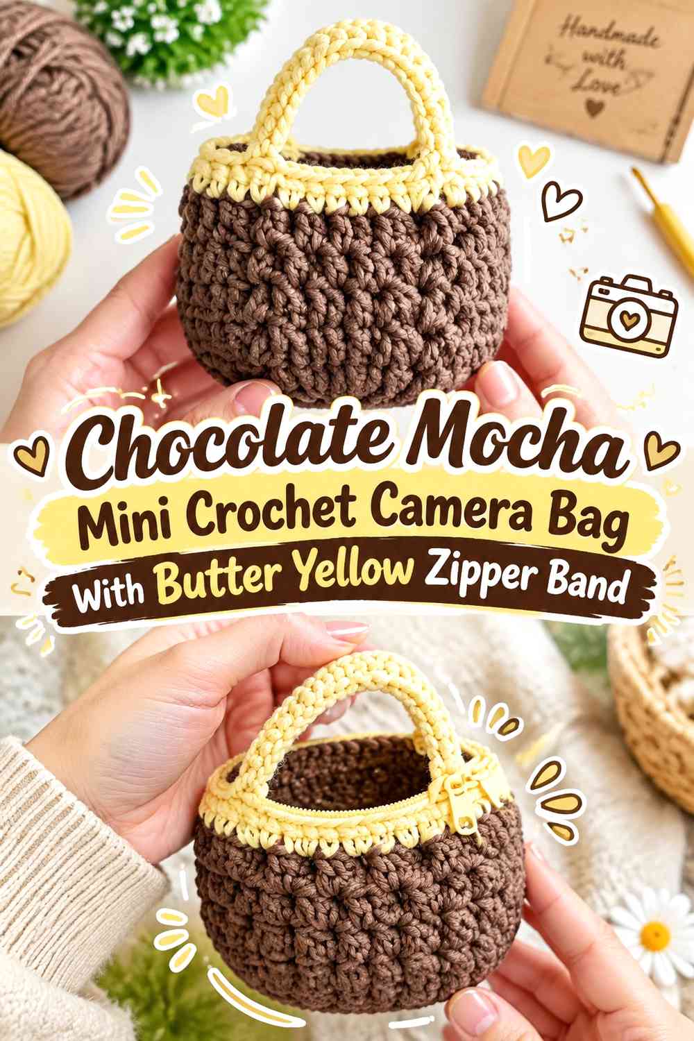 Chocolate Mocha Mini Crochet Camera Bag With Butter Yellow Zipper Band