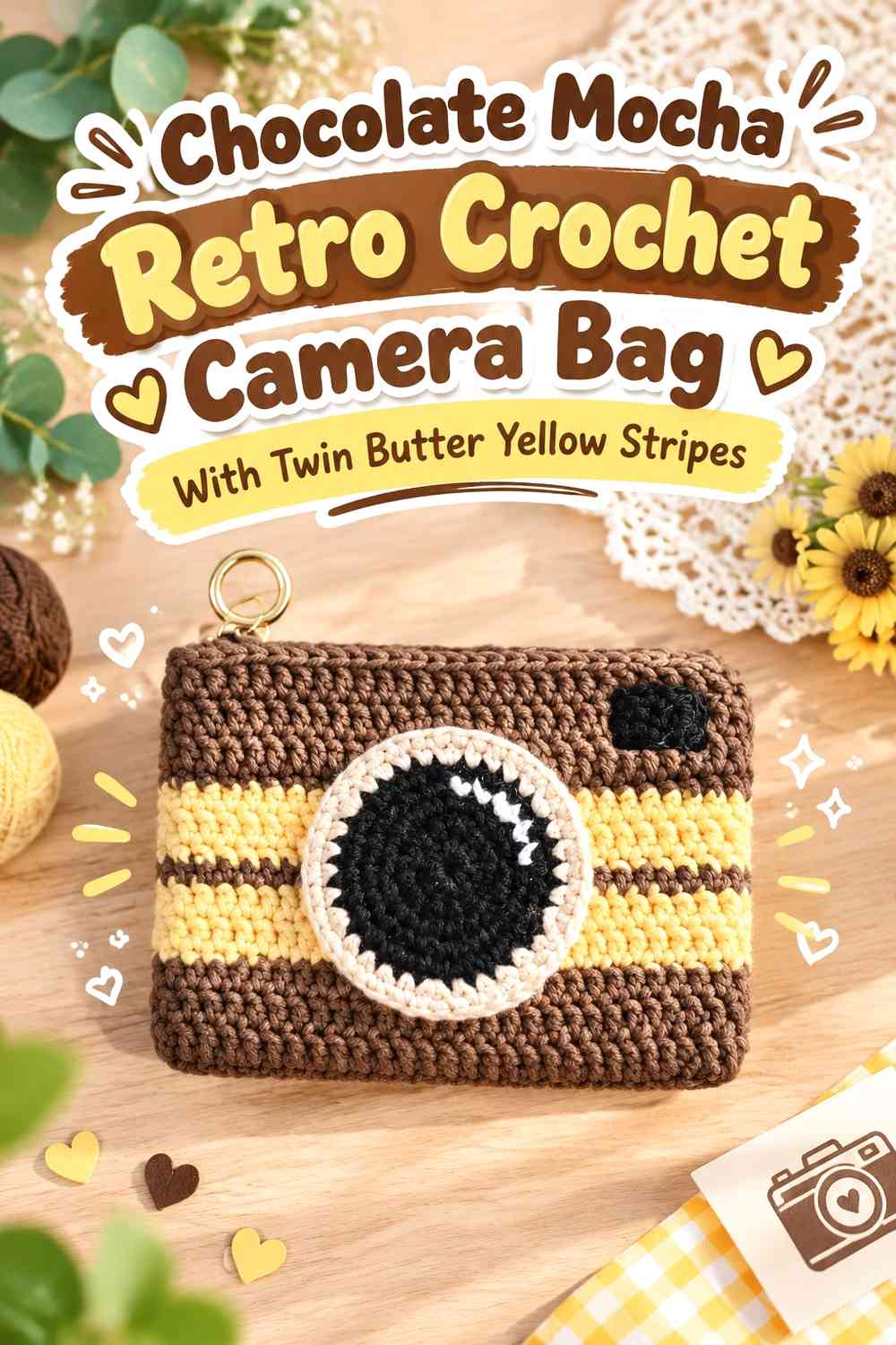 Chocolate Mocha Retro Crochet Camera Bag With Twin Butter Yellow Stripes