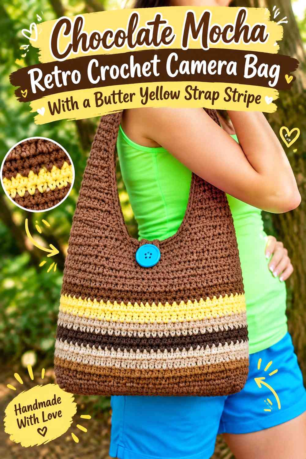 Chocolate Mocha Retro Crochet Camera Bag With a Butter Yellow Strap Stripe
