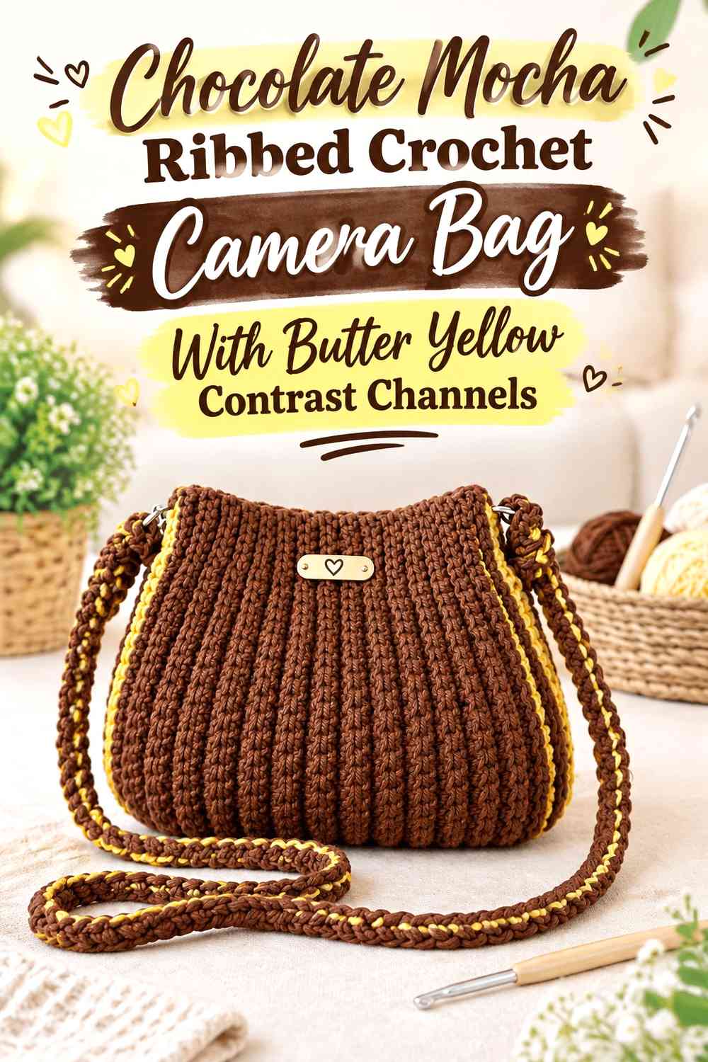 Chocolate Mocha Ribbed Crochet Camera Bag With Butter Yellow Contrast Channels
