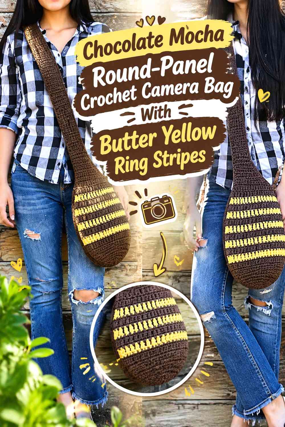 Chocolate Mocha Round-Panel Crochet Camera Bag With Butter Yellow Ring Stripes