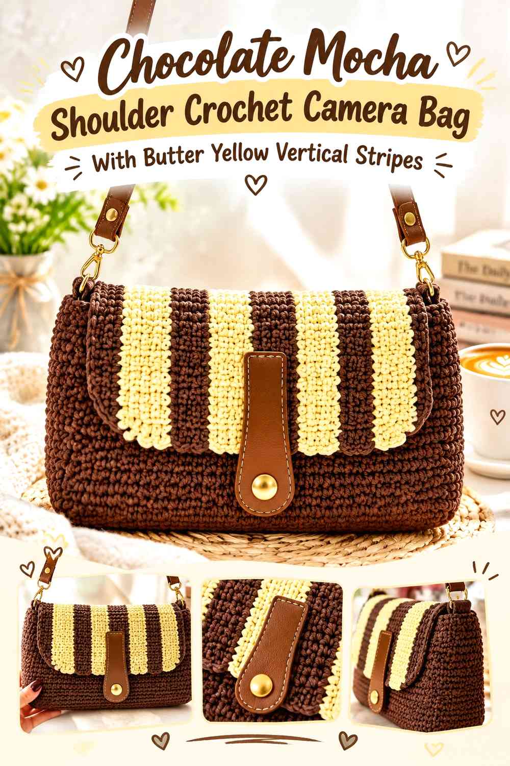 Chocolate Mocha Shoulder Crochet Camera Bag With Butter Yellow Vertical Stripes