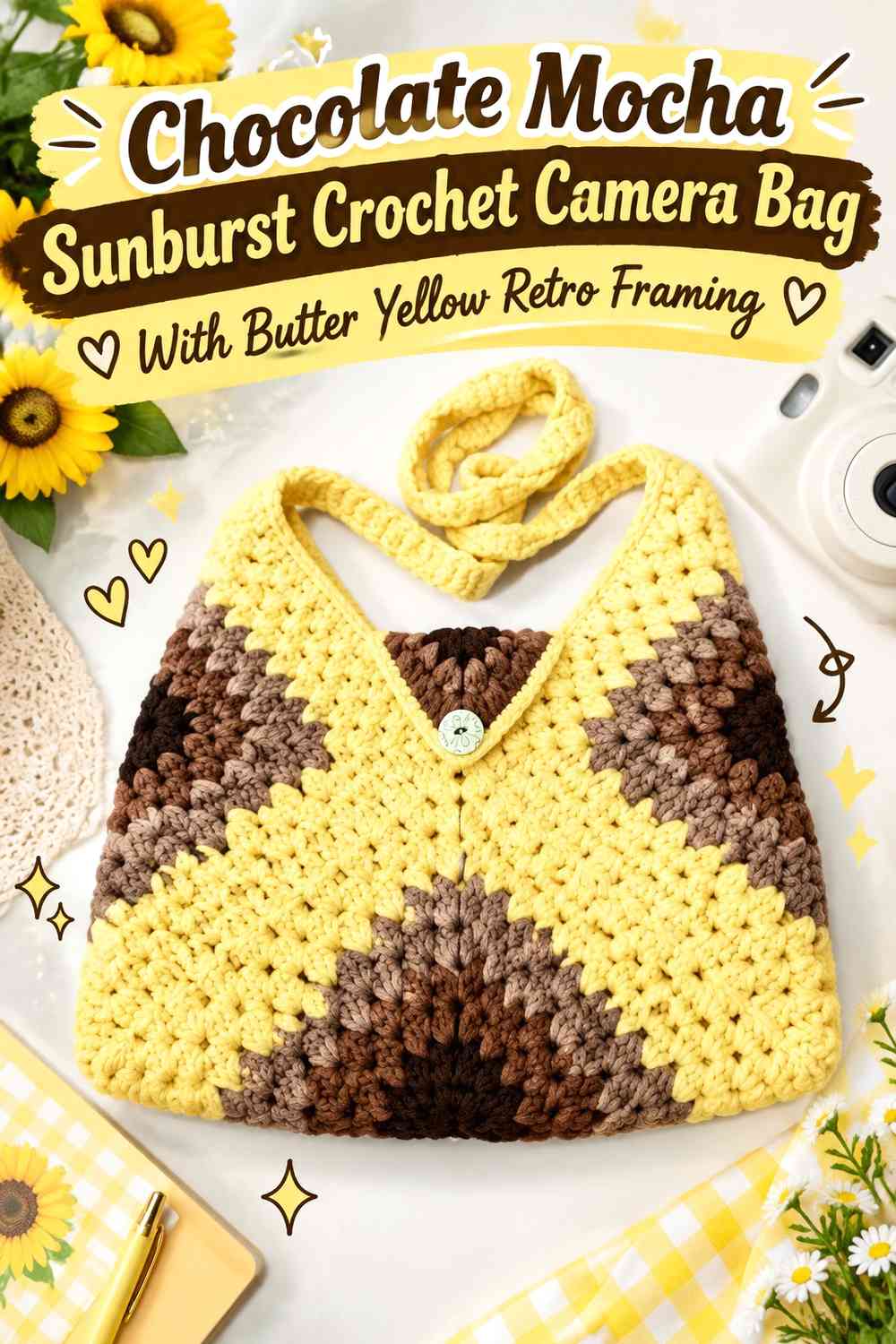 Chocolate Mocha Sunburst Crochet Camera Bag With Butter Yellow Retro Framing