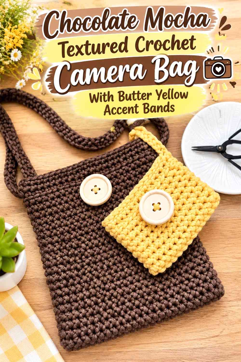 Chocolate Mocha Textured Crochet Camera Bag With Butter Yellow Accent Bands