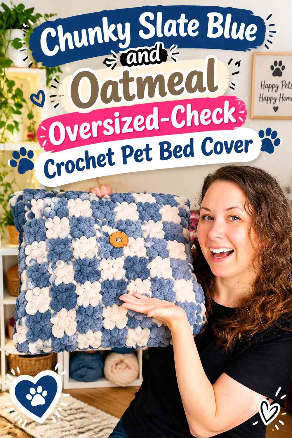 Chunky Slate Blue and Oatmeal Oversized-Check Crochet Pet Bed Cover