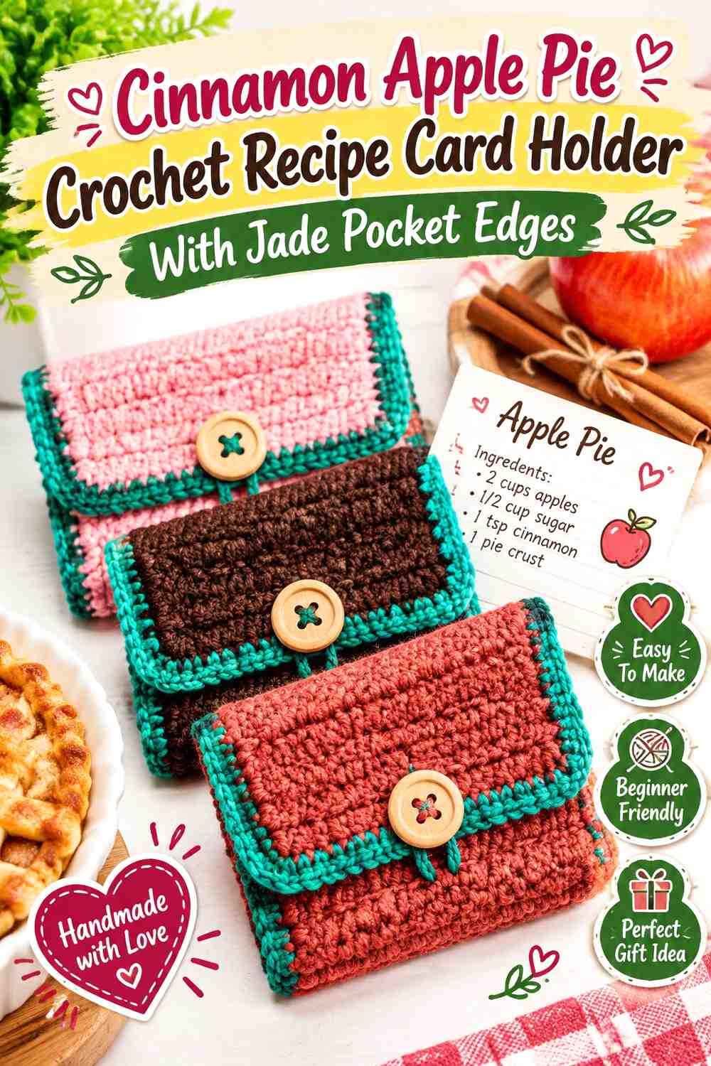 Cinnamon Apple Pie Crochet Recipe Card Holder With Jade Pocket Edges